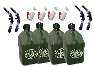 VP Racing 4-Pack Square Fuel Jugs with 4 Hoses, 4 Benders, and 4 Ball Valves - Camo