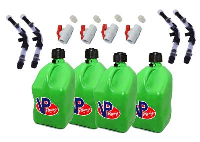 VP Racing 4-Pack Square Fuel Jugs with 4 Hoses, 4 Benders, and 4 Ball Valves - Green