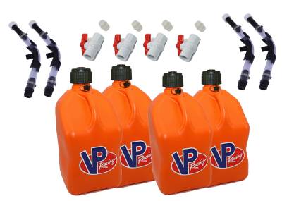 VP Racing 4-Pack Square Fuel Jugs with 4 Hoses, 4 Benders, and 4 Ball Valves - Orange