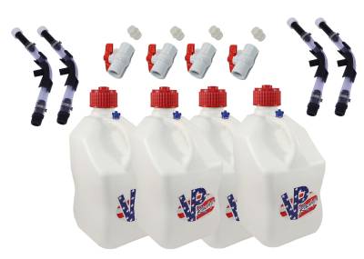 VP Racing 4-Pack Square Fuel Jugs with 4 Hoses, 4 Benders, and 4 Ball Valves - Patriot