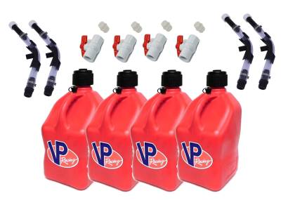 VP Racing 4-Pack Square Fuel Jugs with 4 Hoses, 4 Benders, and 4 Ball Valves - Red