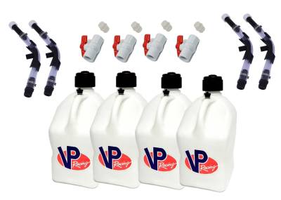 VP Racing 4-Pack Square Fuel Jugs with 4 Hoses, 4 Benders, and 4 Ball Valves - White