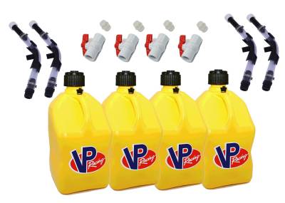 VP Racing 4-Pack Square Fuel Jugs with 4 Hoses, 4 Benders, and 4 Ball Valves - Yellow