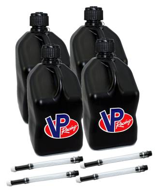 VP Racing Square Fuel Jug Gas Can 4 Pack + 4 Fill Hoses - BLACK