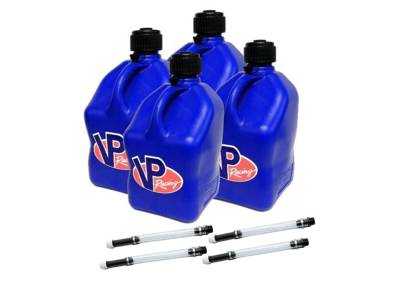 VP Racing Square Fuel Jug Gas Can 4 Pack + 4 Fill Hoses - BLUE