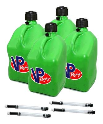 VP Racing Square Fuel Jug Gas Can 4 Pack + 4 Fill Hoses - GREEN