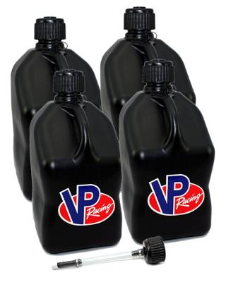 VP Racing 4-Pack Square Fuel Jugs with extra Cap and Filler Hose -BLACK