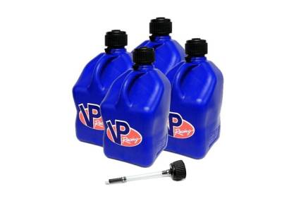 VP Racing 4-Pack Square Fuel Jugs with extra Cap and Filler Hose -BLUE