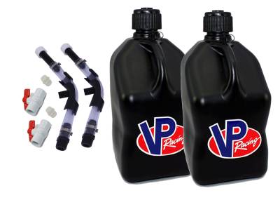 VP Fuel 2 Pack 5 Gallon Fuel Cans + 2 Hoses, Benders, and Ball Valves - BLACK