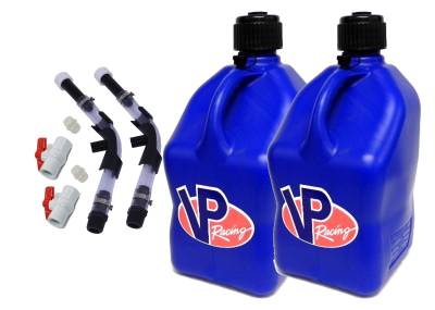 VP Fuel 2 Pack 5 Gallon Fuel Cans + 2 Hoses, Benders, and Ball Valves - BLUE