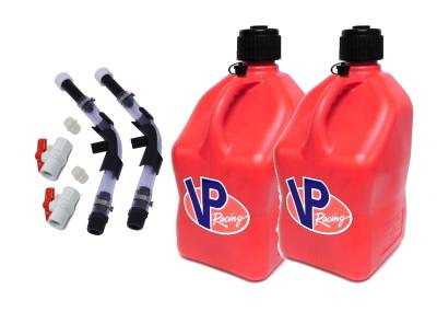 VP Fuel 2 Pack 5 Gallon Fuel Cans + 2 Hoses, Benders, and Ball Valves - RED
