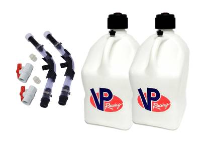 VP Fuel 2 Pack 5 Gallon Fuel Cans + 2 Hoses, Benders, and Ball Valves - WHITE