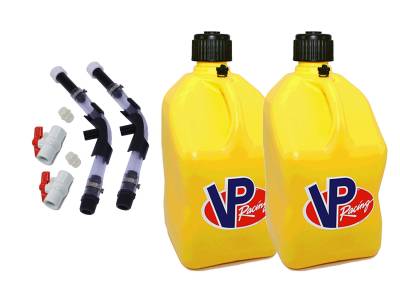 VP Fuel 2 Pack 5 Gallon Fuel Cans + 2 Hoses, Benders, and Ball Valves - YELLOW