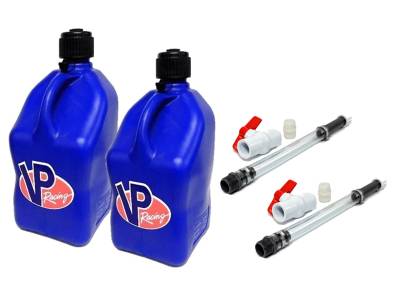2 VP Racing Square Fuel Jugs with 2 Hoses and Ball Valves - BLUE