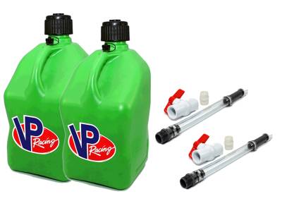 2 VP Racing Square Fuel Jugs with 2 Hoses and Ball Valves - GREEN