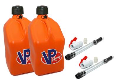 2 VP Racing Square Fuel Jugs with 2 Hoses and Ball Valves - ORANGE
