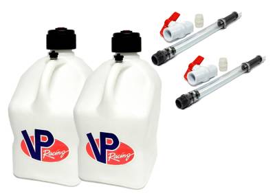 2 VP Racing Square Fuel Jugs with 2 Hoses and Ball Valves - WHITE