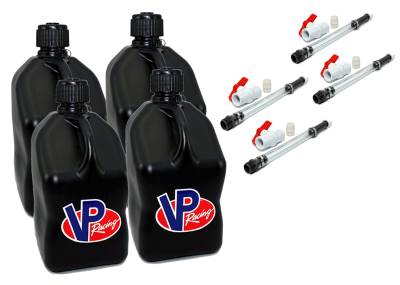 VP Racing 4-Pack Square Fuel Jugs with 4 Hoses, and 4 Ball Valves - Black