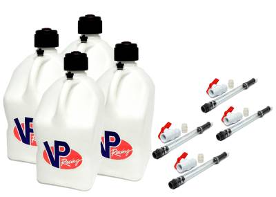 VP Racing 4-Pack Square Fuel Jugs with 4 Hoses, and 4 Ball Valves - WHITE
