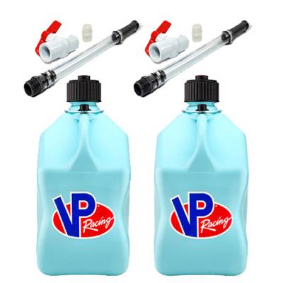 2 VP Racing Square Fuel Jugs with 2 Hoses and Ball Valves - SKY BLUE