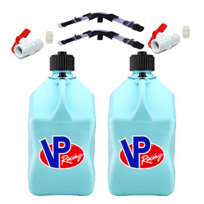 VP Fuel 2 Pack 5 Gallon Fuel Cans + 2 Hoses, Benders, and Ball Valves - SKY BLUE