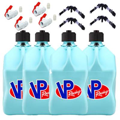 VP Racing 4-Pack Square Fuel Jugs with 4 Hoses, 4 Benders, and 4 Ball Valves - SKY BLUE