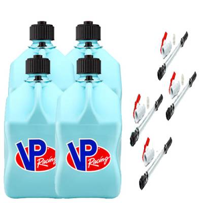 VP Racing 4-Pack Square Fuel Jugs with 4 Hoses, and 4 Ball Valves - SKY BLUE