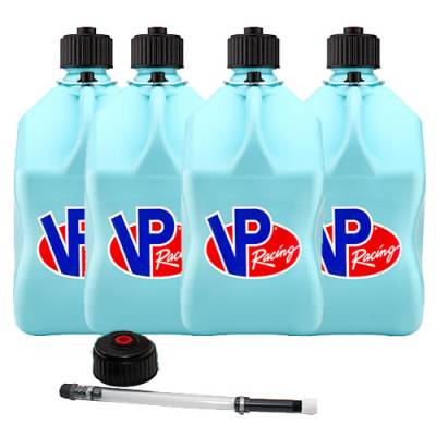 VP Racing 4-Pack Square Fuel Jugs with extra Cap and Filler Hose -SKY BLUE