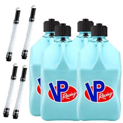 VP Racing Square Fuel Jug Gas Can 4 Pack + 4 Fill Hoses - SKY BLUE