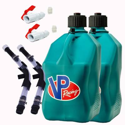 VP Fuel 2 Pack 5 Gallon Fuel Cans + 2 Hoses, Benders, and Ball Valves - CARIBBEAN BLUE