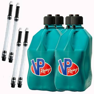 VP Racing Square Fuel Jug Gas Can 4 Pack + 4 Fill Hoses -CARIBBEAN BLUE