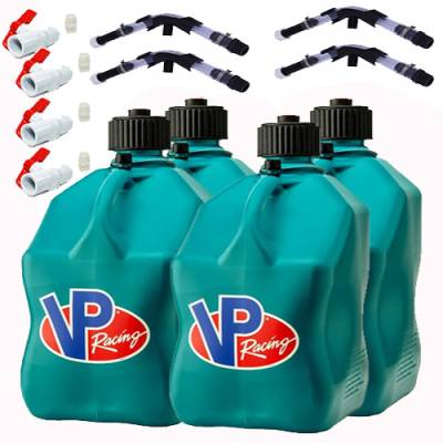 VP Racing 4-Pack Square Fuel Jugs with 4 Hoses, 4 Benders, and 4 Ball Valves - CARIBBEAN BLUE