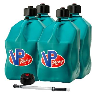 VP Racing 4-Pack Square Fuel Jugs with extra Cap and Filler Hose -CARIBBEAN BLUE