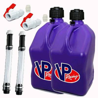 2 VP Racing Square Fuel Jugs with 2 Hoses and Ball Valves - PURPLE